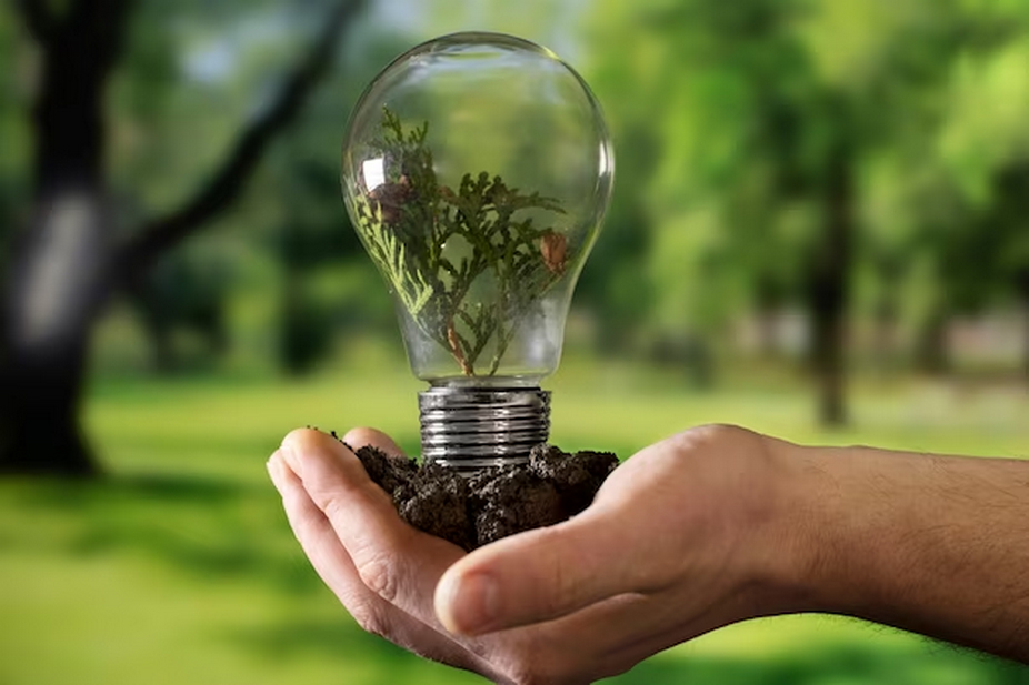 Open hand holding soil and a light bulb with leaves inside.