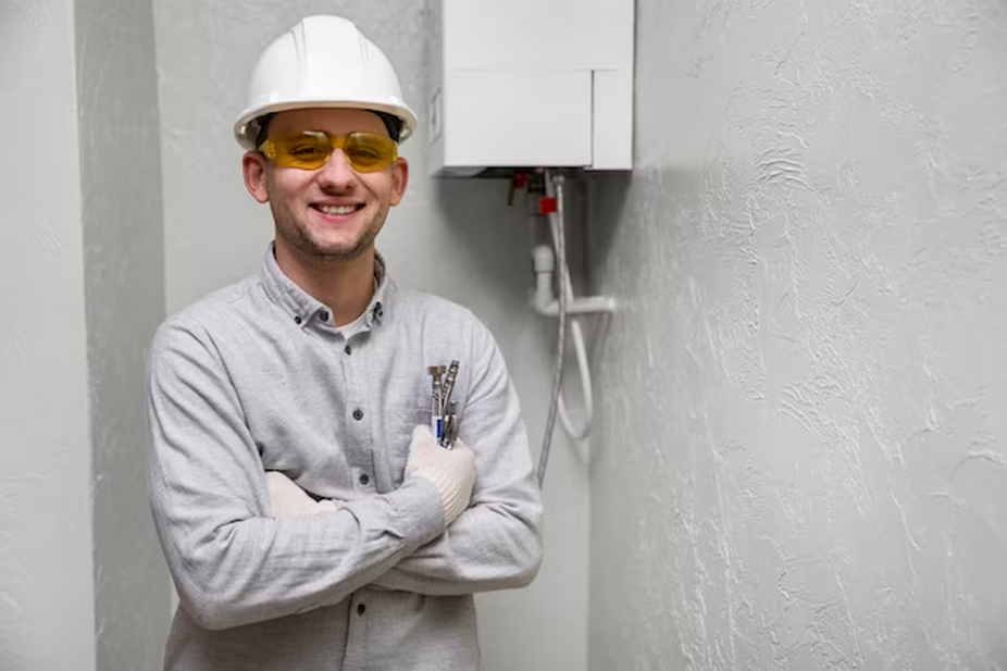 Image of a man in a safety hat with tools, with a water heater in the background