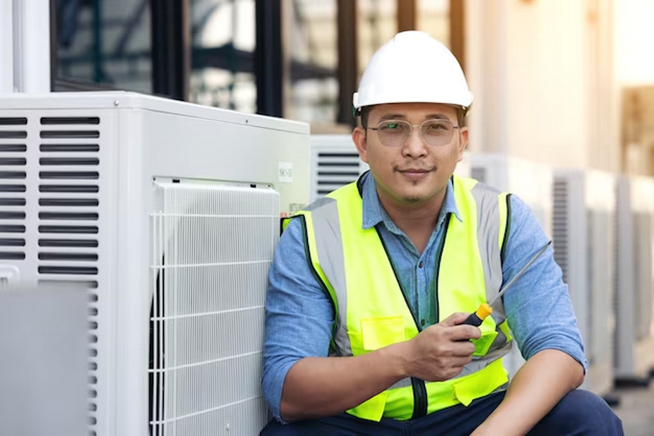 Man with safety helmet and vest next to outdoor AC unit